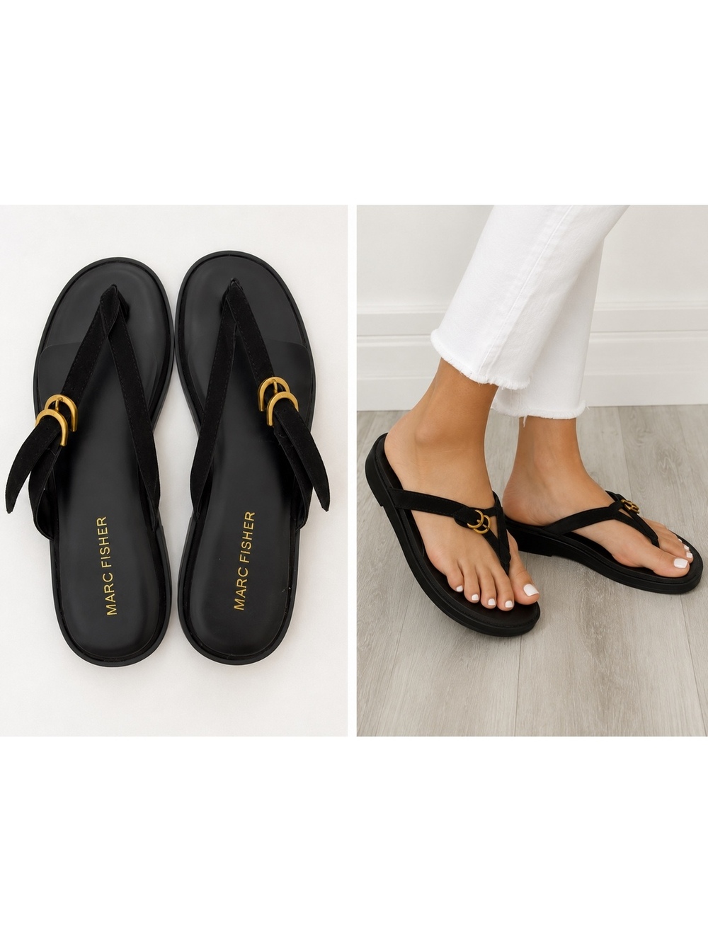 Marc Fisher Women’s Black Thong Sandals Gold Buckle Size 7.5 M